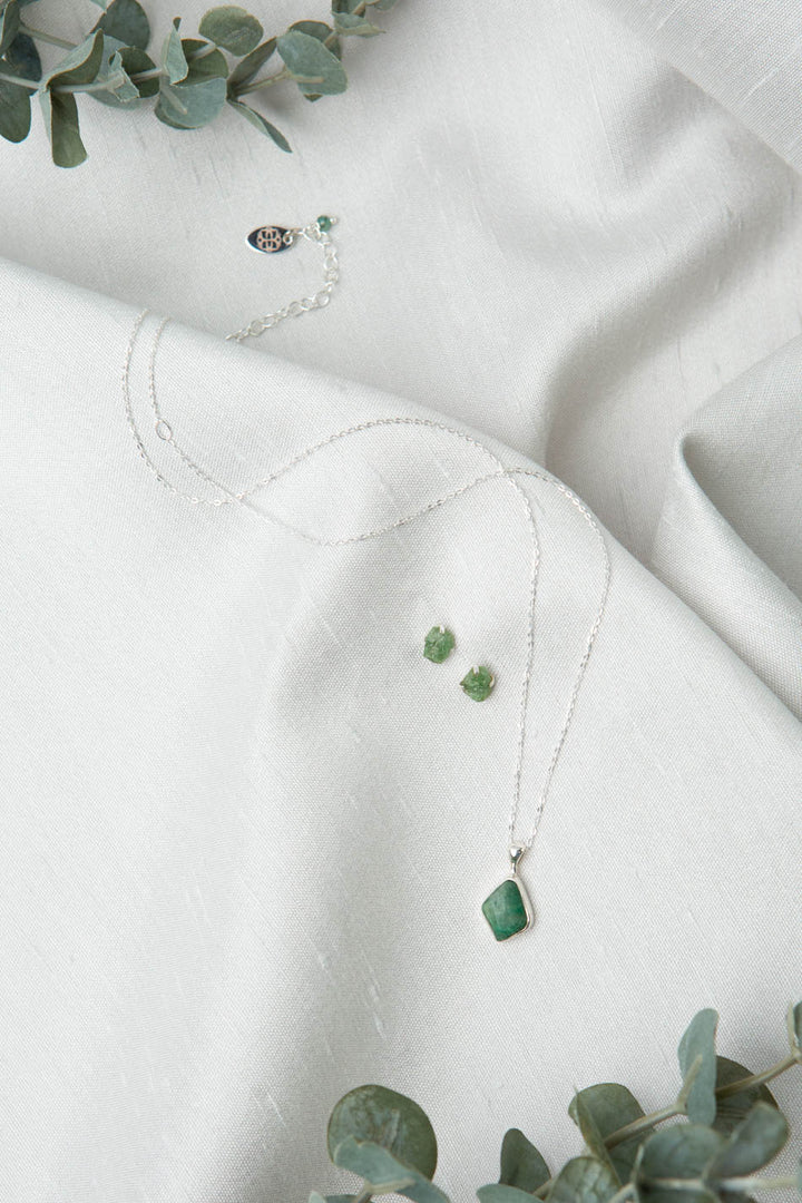 Birthstone 16-20.5" May Natural Emerald Pendant Necklace And Earrings Set