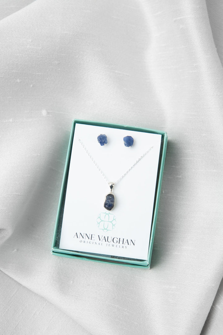 Birthstone 16-20.5" September Natural Blue Sapphire Pendant Necklace And Earrings Set