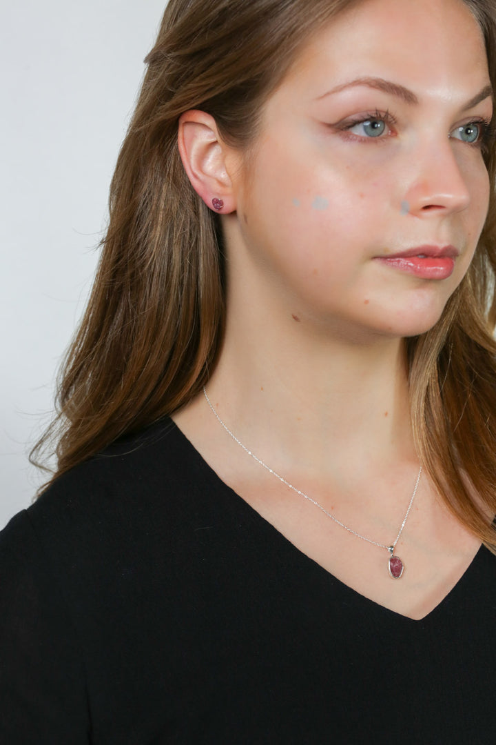 Birthstone 16-20.5" October Natural Pink Tourmaline Pendant Necklace And Earrings Set