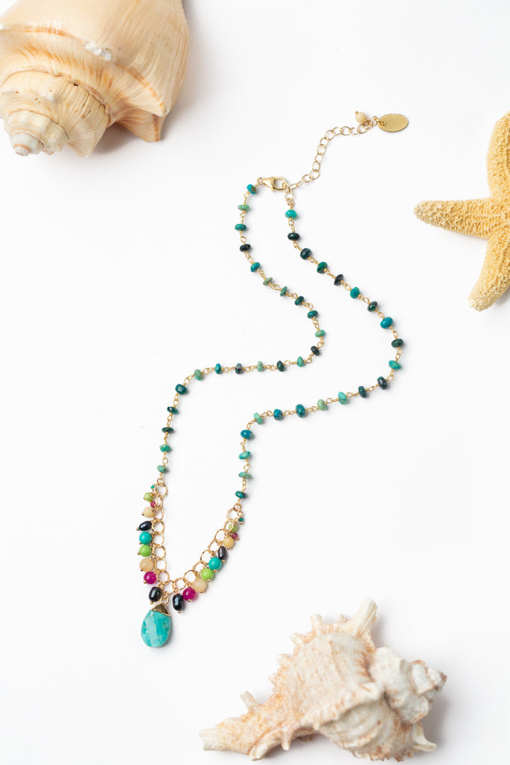 Cabo 15.5-17.5" Pearl, Ruby Jade, Lime Magnesite With Turquoise Cluster Necklace