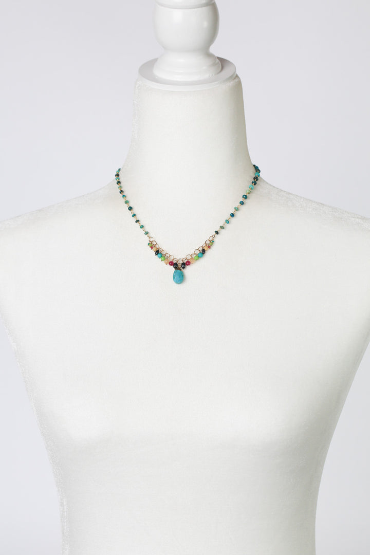 Cabo 15.5-17.5" Pearl, Ruby Jade, Lime Magnesite With Turquoise Cluster Necklace