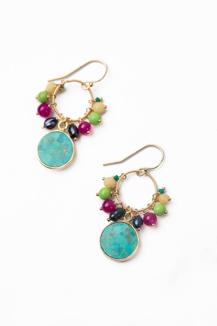 Cabo Pearl, Lime Magnesite, Ruby Jade With Turquoise Cluster Earrings