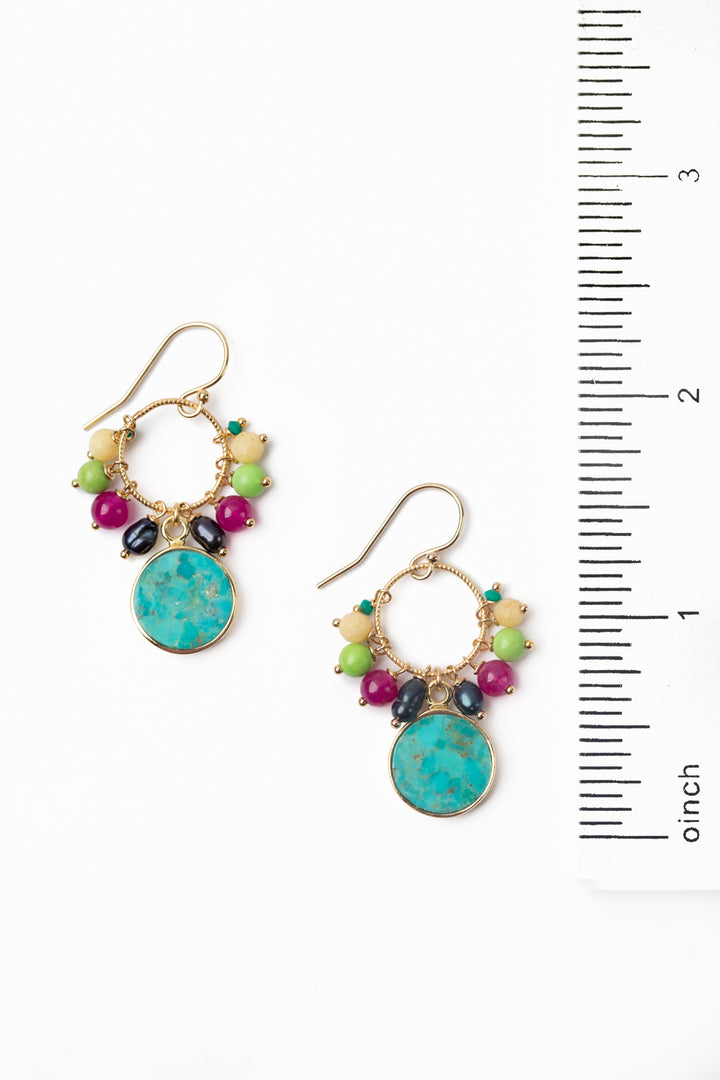 Cabo Pearl, Lime Magnesite, Ruby Jade With Turquoise Cluster Earrings