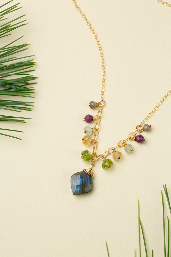 Celebrate 14.5-16.5" Labradorite Briolette With Peridot, Ruby, Citrine, And Aquamarine Cluster Necklace