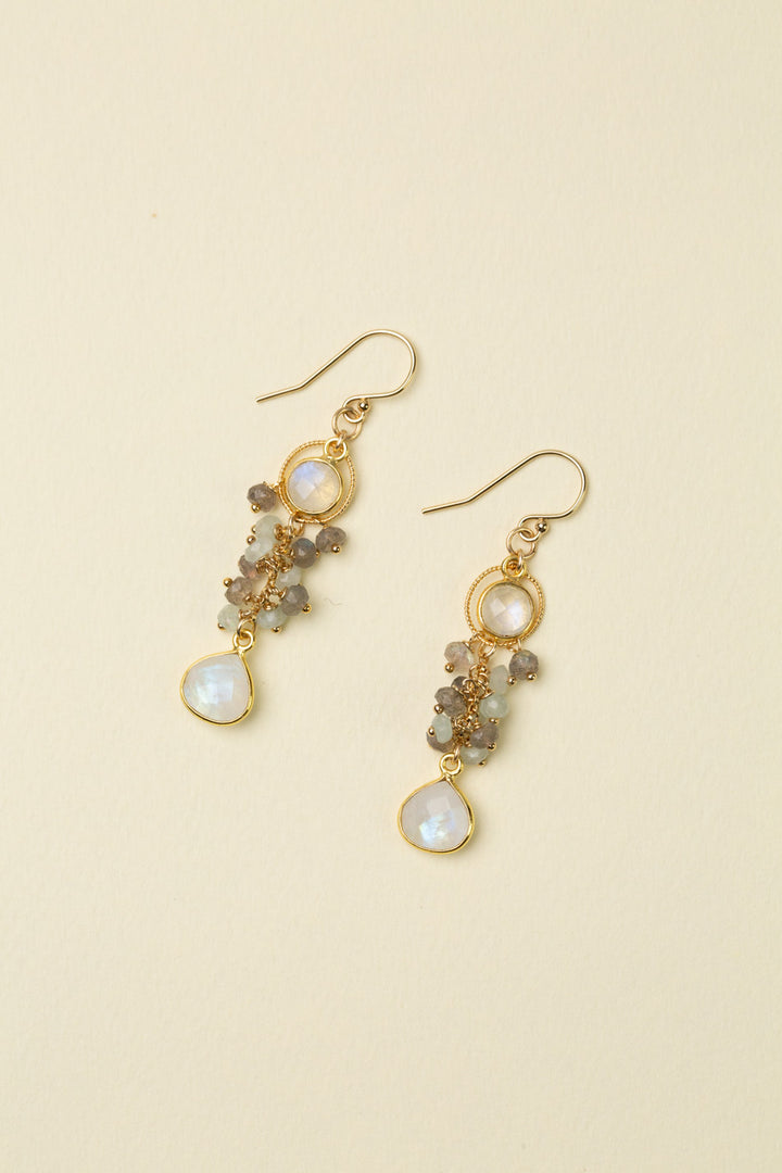 Celebrate Aquamarine And Labradorite With Rainbow Moonstone Gold Plated Bezel Cluster Earrings