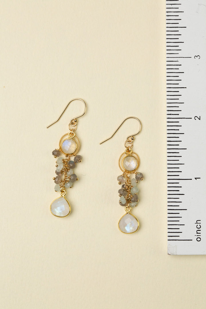 Celebrate Aquamarine And Labradorite With Rainbow Moonstone Gold Plated Bezel Cluster Earrings