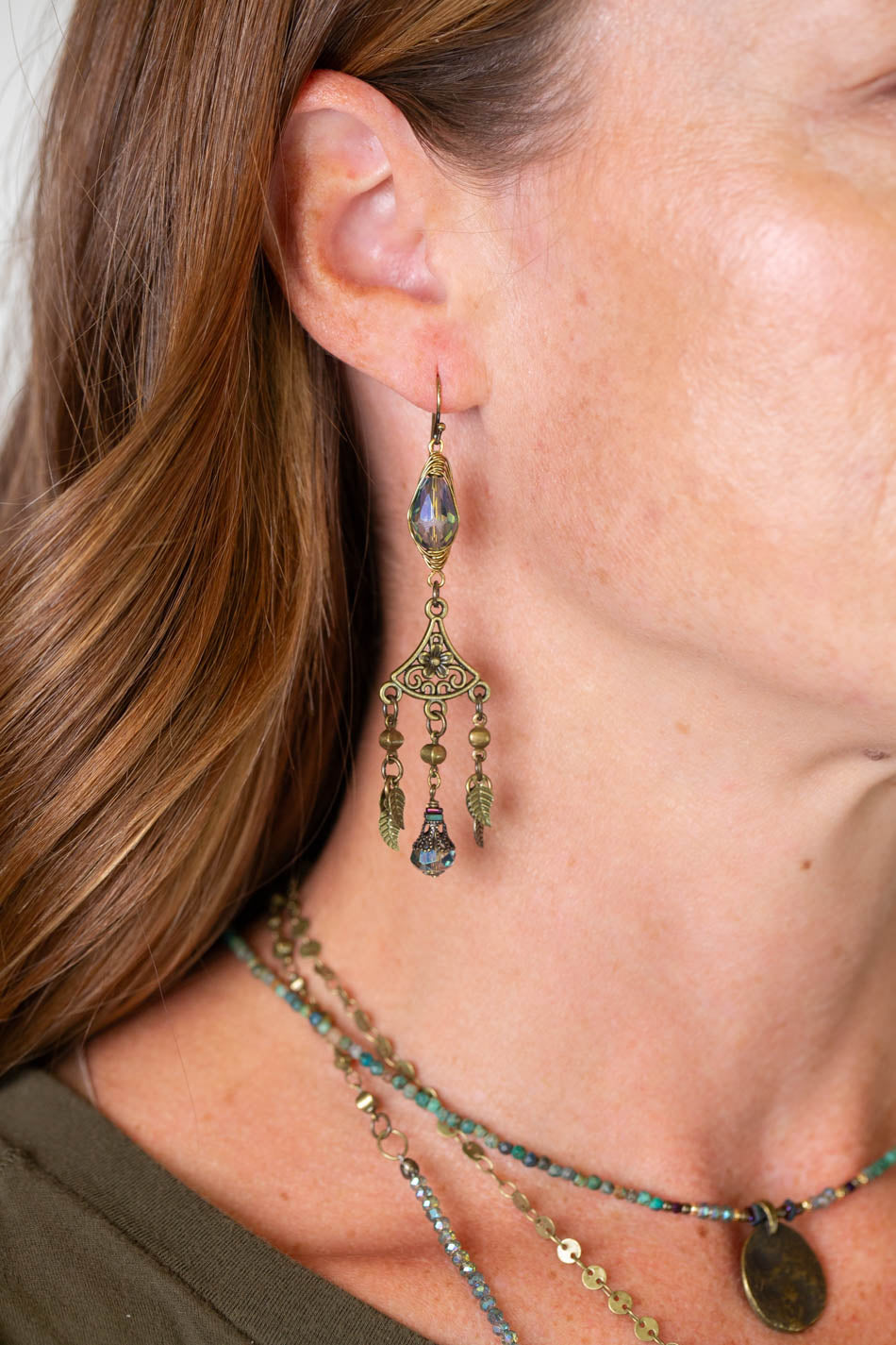 Crisp Autumn Czech Glass Drop With Antique Brass Dangles And Leaves Herringbone Earrings