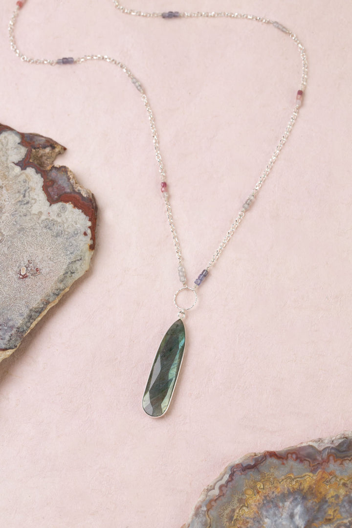 Celestial 26.5-28.5" Spinel With Labradorite Bezel Focal Statement Necklace