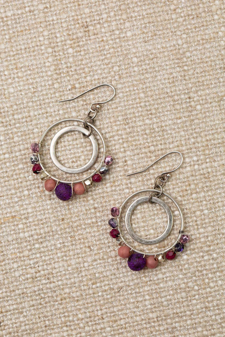 Czech Glass Double Hoop With Purple And Pink Beads Hoop Earrings