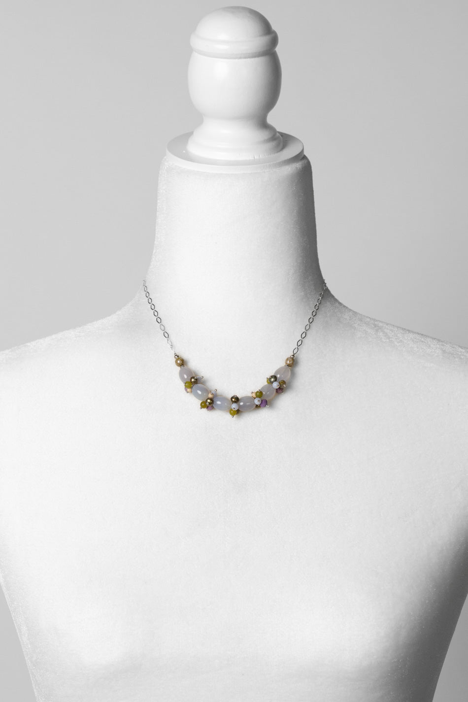 Cave Spring 15.25-17.25" Phosphosiderite, Olive Jade, Freshwater Pearl With Blue Lace Chalcedony Cluster Necklace