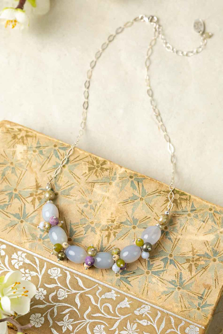 Cave Spring 15.25-17.25" Phosphosiderite, Olive Jade, Freshwater Pearl With Blue Lace Chalcedony Cluster Necklace