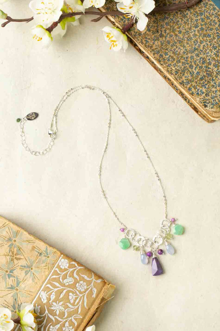 Cave Spring 16.5-18.5" Blue Lace Chalcedony, Chrysoprase, Green Moss Aquamarine with Phosphosiderite Simple Necklace