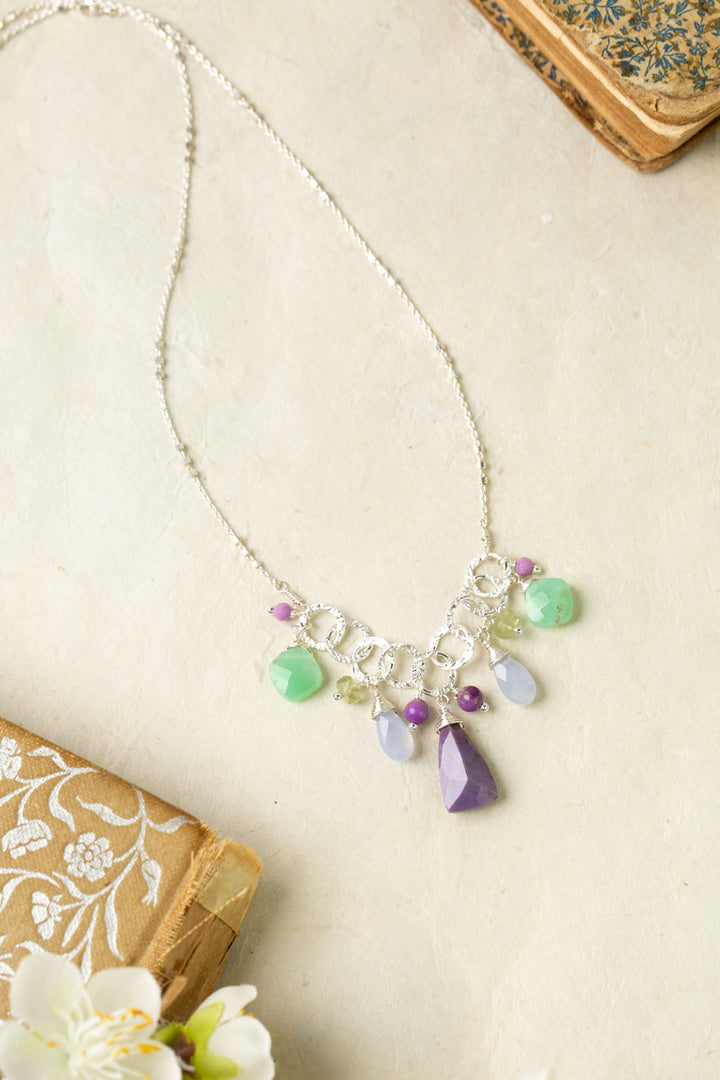 Cave Spring 16.5-18.5" Blue Lace Chalcedony, Chrysoprase, Green Moss Aquamarine with Phosphosiderite Simple Necklace