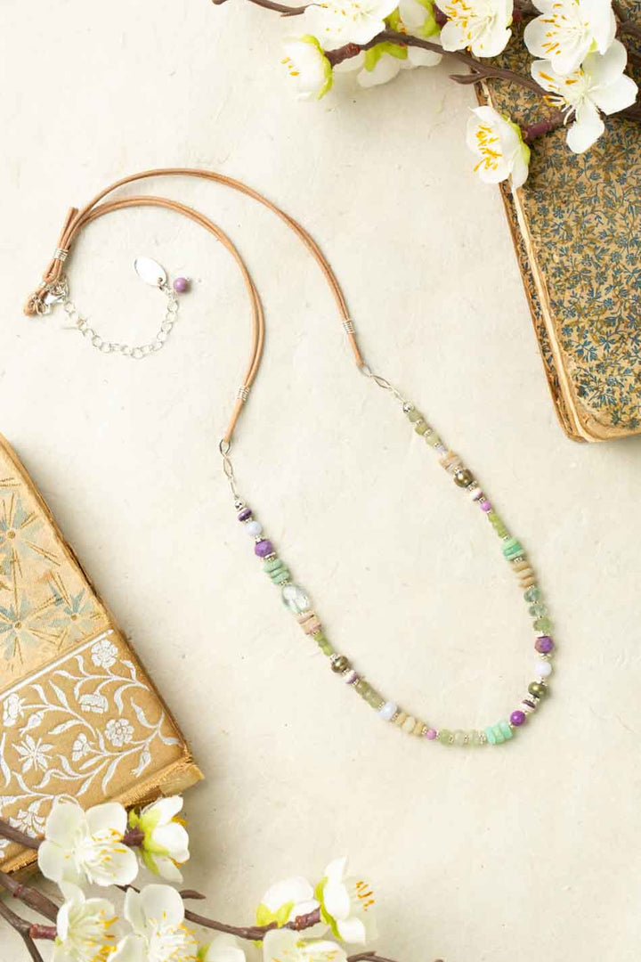 Cave Spring 21-23" Blue Lace Chalcedony, Chrysoprase, Green Moss Aquamarine With Phosphosiderite Collage Necklace