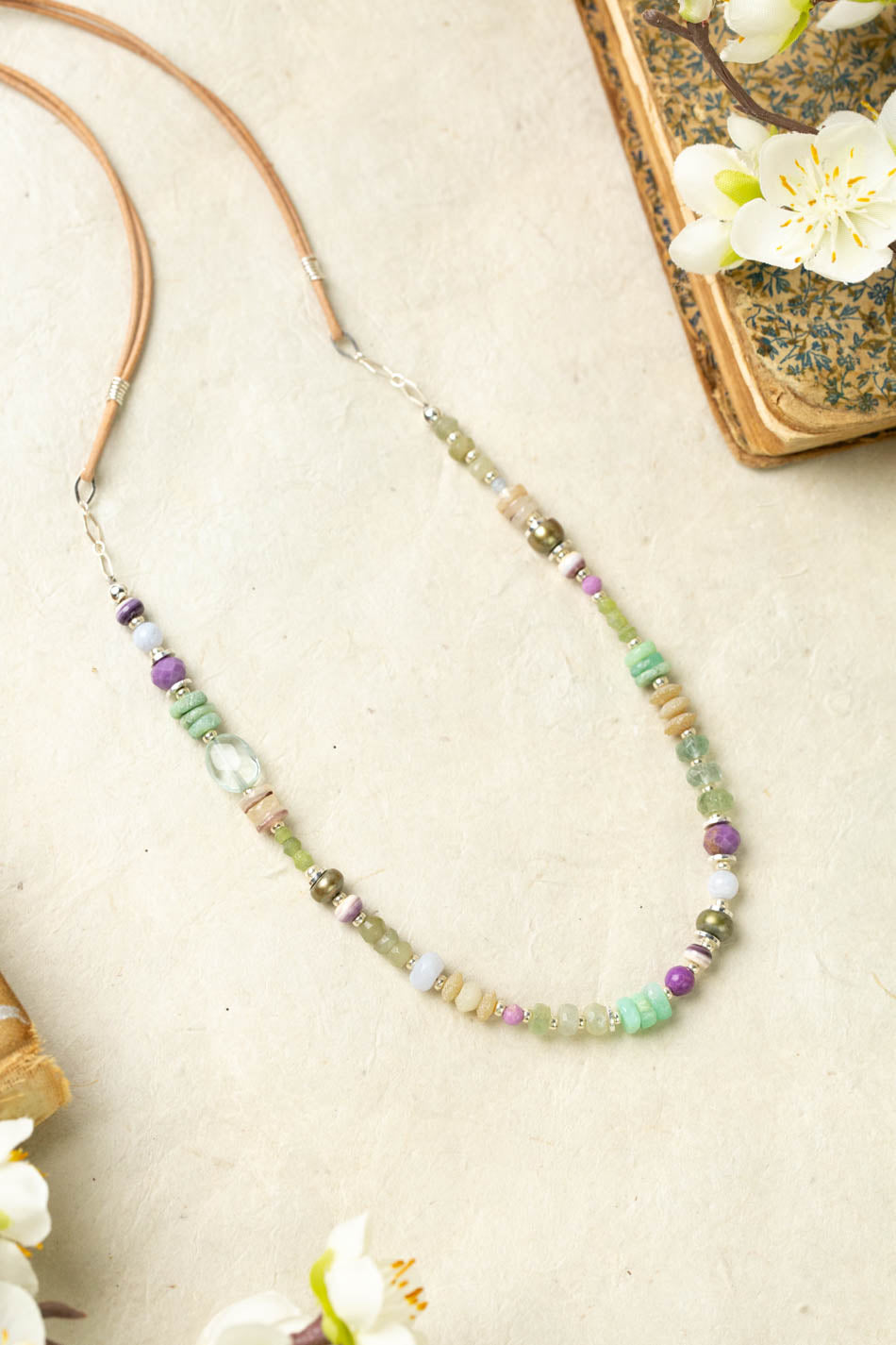 Cave Spring 21-23" Blue Lace Chalcedony, Chrysoprase, Green Moss Aquamarine With Phosphosiderite Collage Necklace