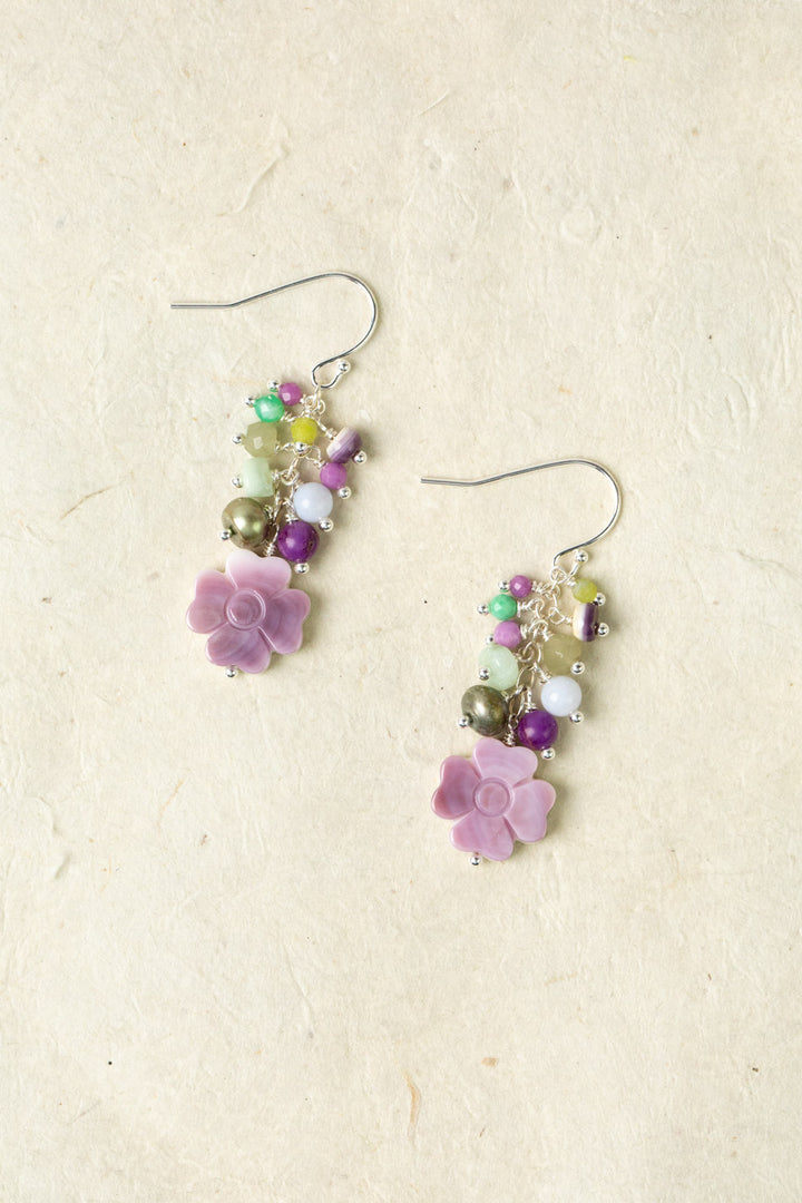 Cave Spring Olive Jade, Blue Lace Chalcedony, Phosphosiderite With Wampum Cluster Earrings