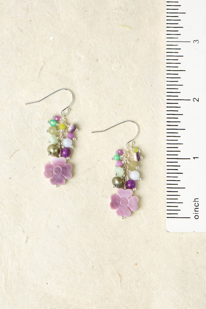 Cave Spring Olive Jade, Blue Lace Chalcedony, Phosphosiderite With Wampum Cluster Earrings