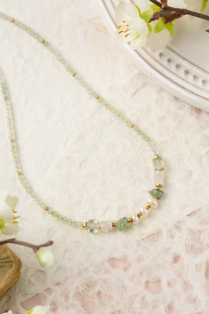 Contentment 16-18 Pearl, Prehinite, Green Amethyst Simple Necklace