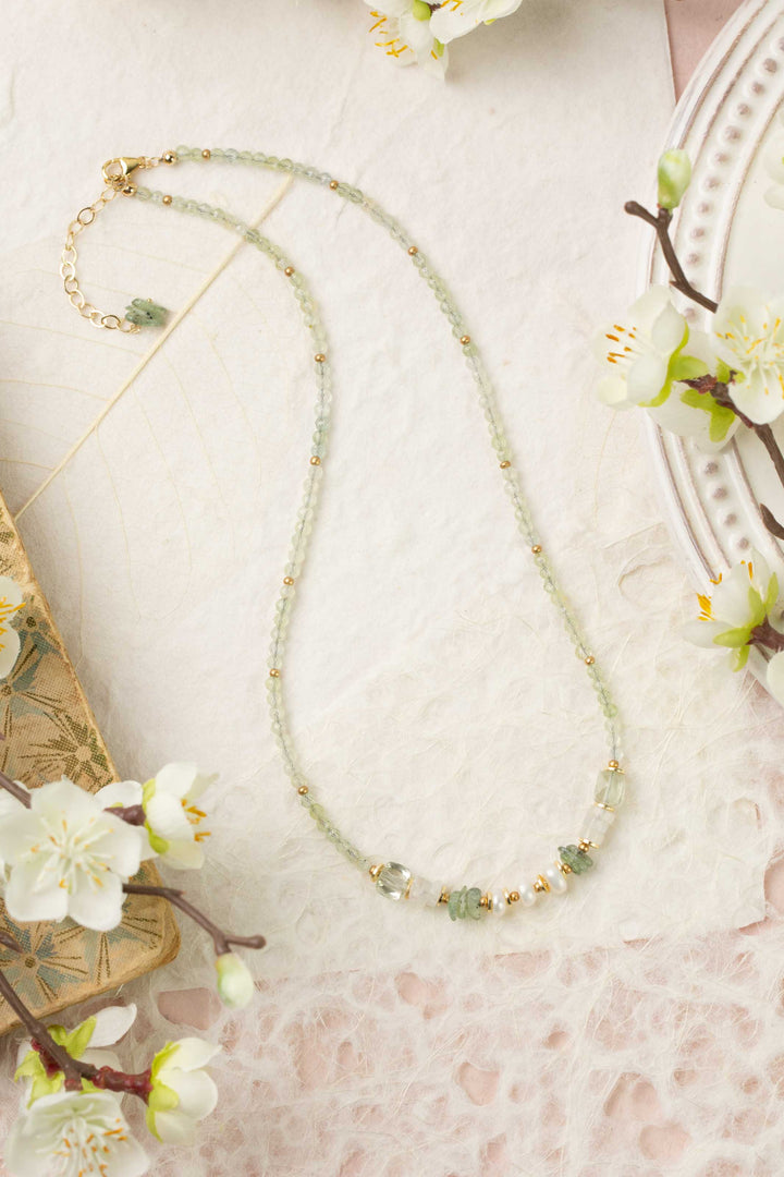 Contentment 16-18 Pearl, Prehinite, Green Amethyst Simple Necklace