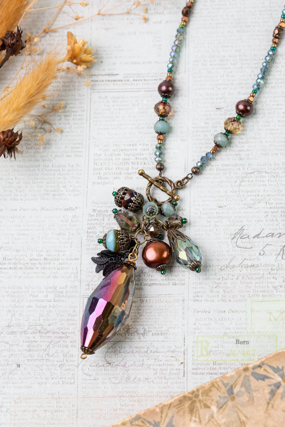 Crisp Autumn 31" Czech Glass, Crystal, Freshwater Pearl Cluster Necklace