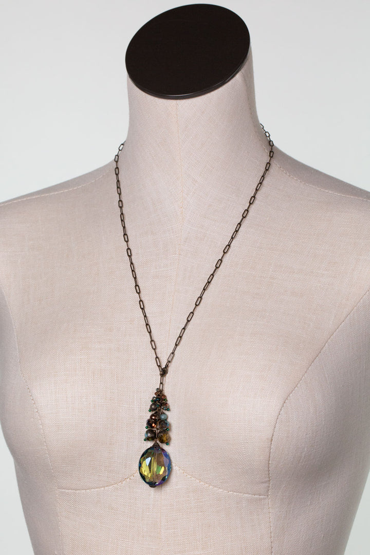 Crisp Autumn Adjustable 24" Czech Glass, Freshwater Pearl With Crystal Cluster Necklace