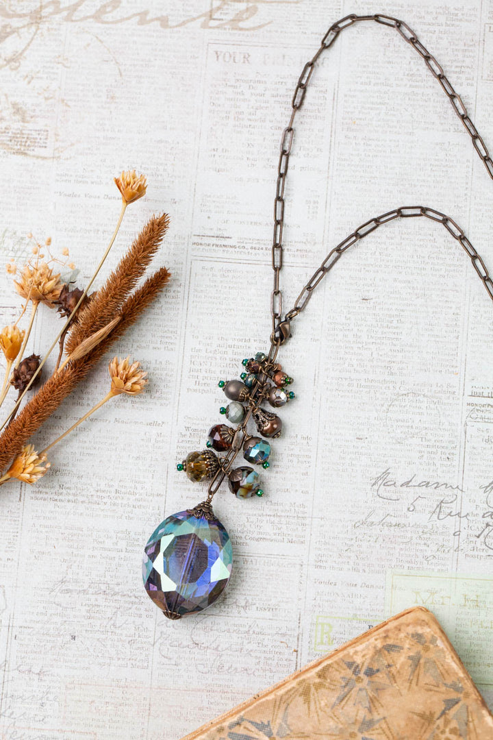 Crisp Autumn Adjustable 24" Czech Glass, Freshwater Pearl With Crystal Cluster Necklace