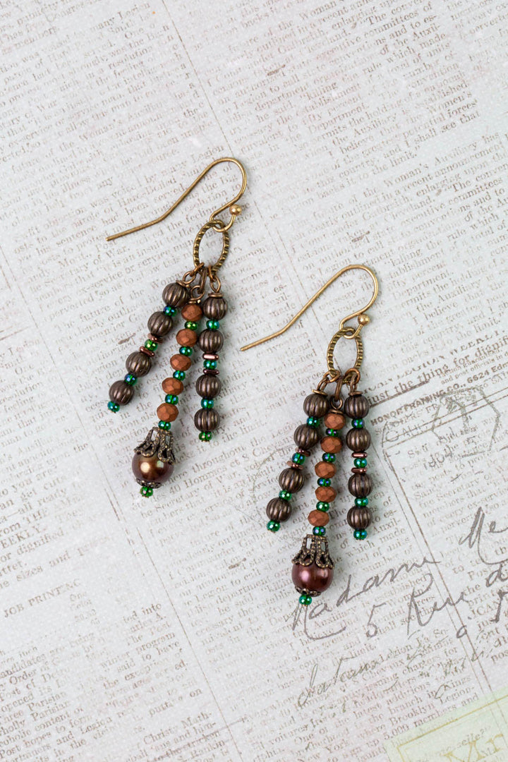 Crisp Autumn Czech Glass, Freshwater Pearl Dangle Earrings