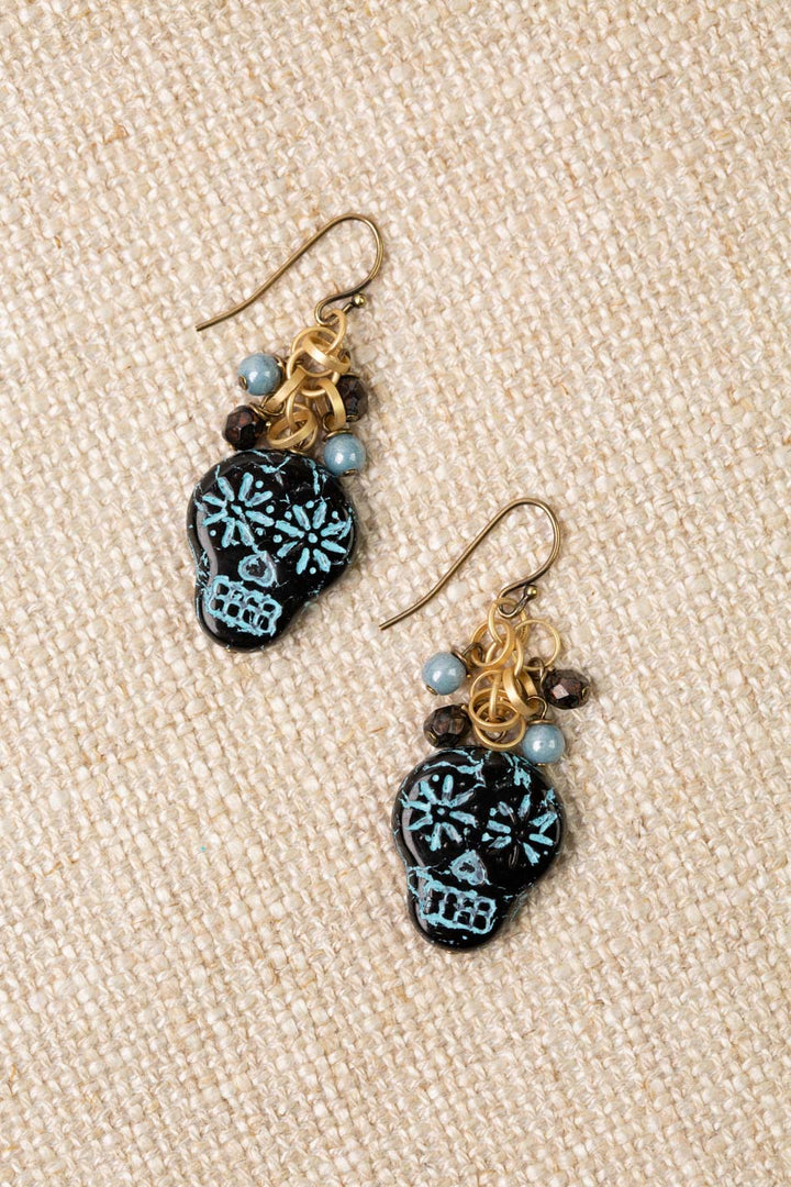 Czech Glass Black And Blue Sugar Skull Statement Earrings