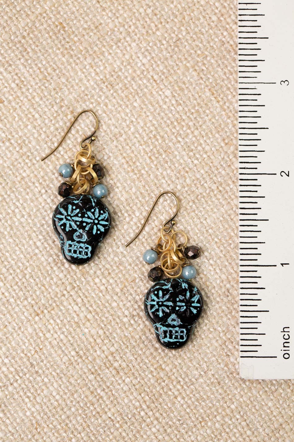 Czech Glass Black And Blue Sugar Skull Statement Earrings