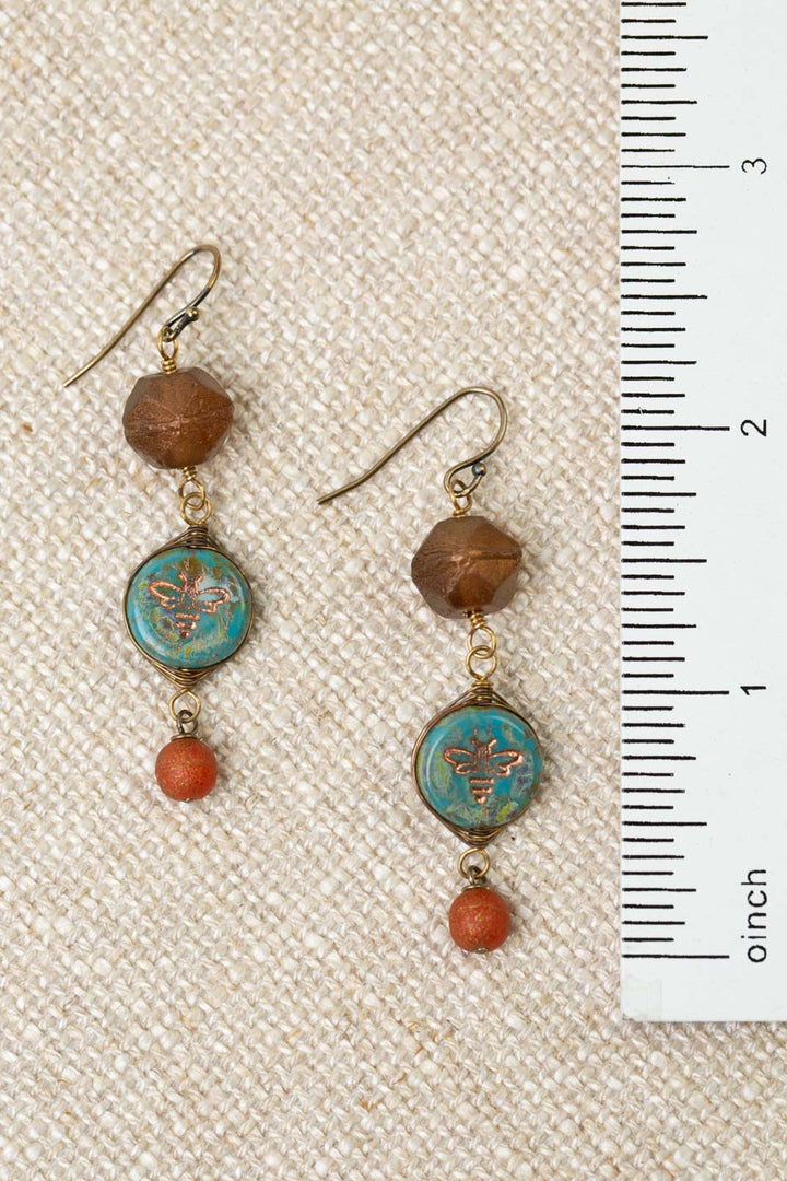 Czech Glass Stamped Bee With Copper Etching Herringbone Earrings