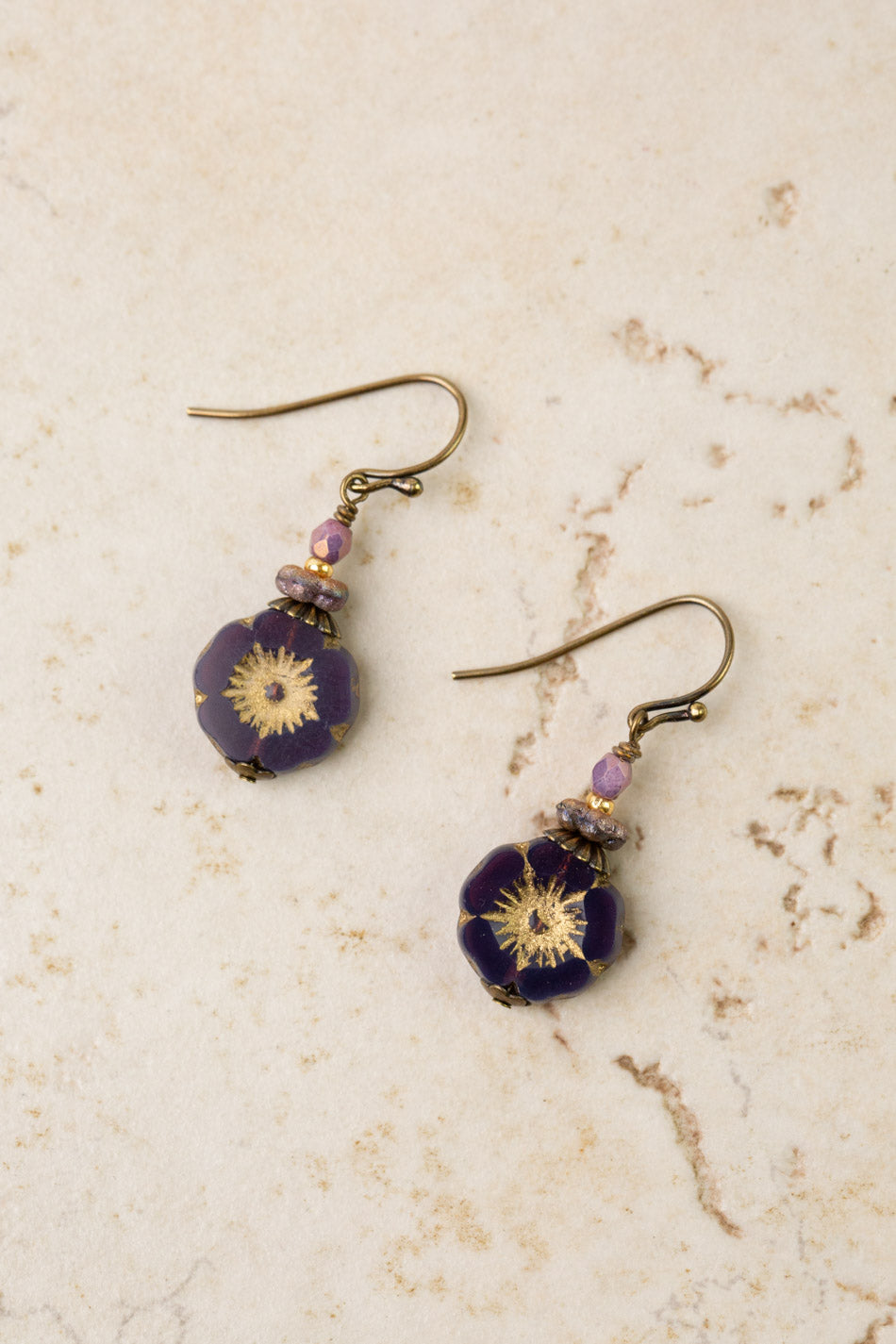 Czech Glass Purple Flower Simple Earrings