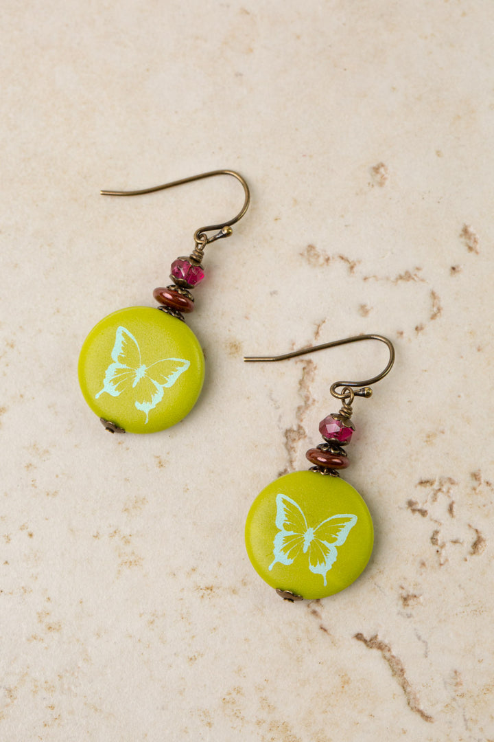 Czech Glass Lime Butterfly Print Simple Earrings