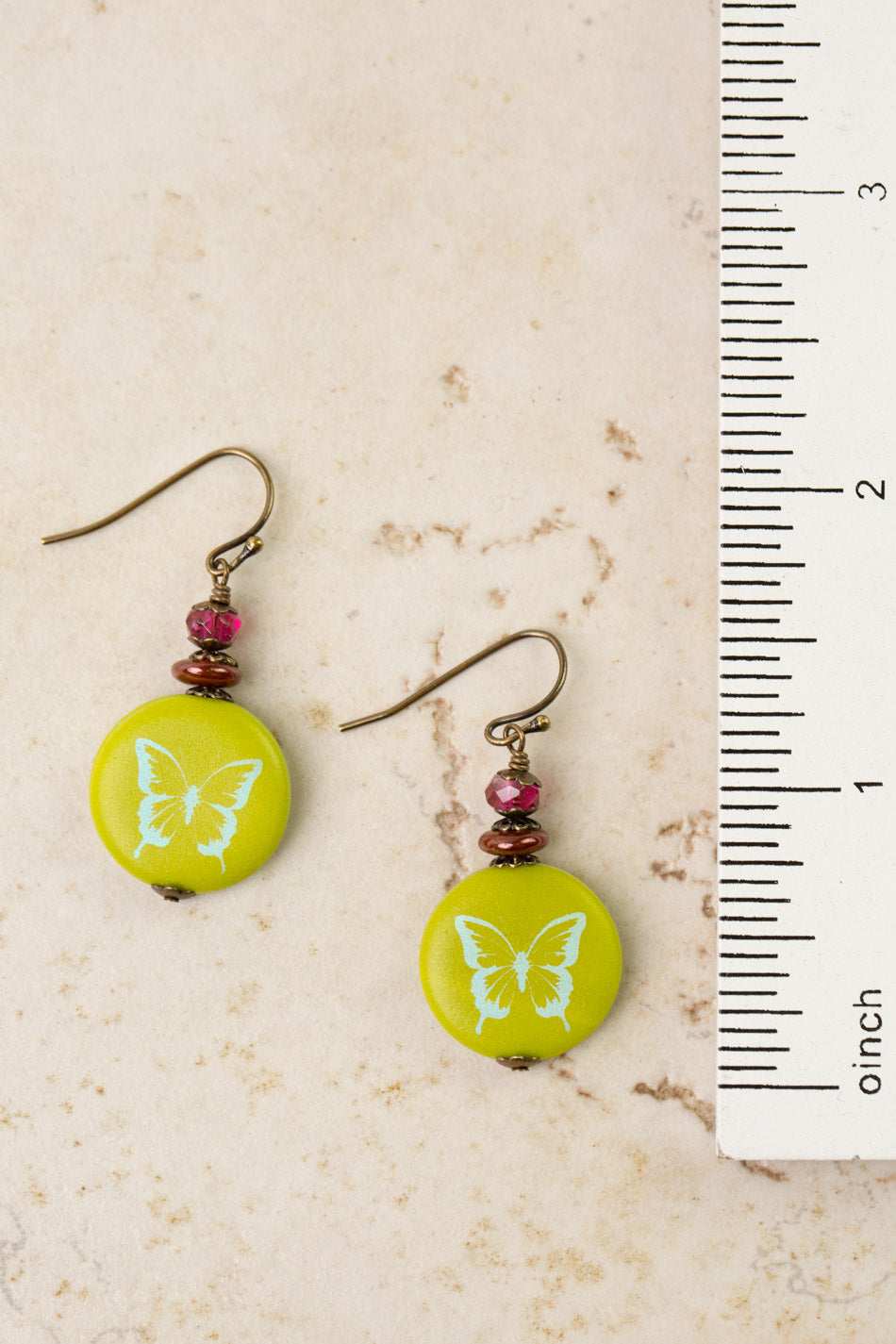 Czech Glass Lime Butterfly Print Simple Earrings