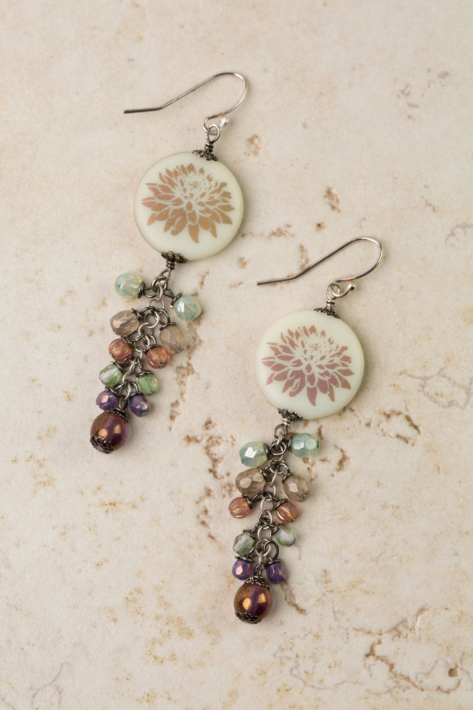 Czech Glass Lotus Flower With Cluster Dangle Cluster Earrings