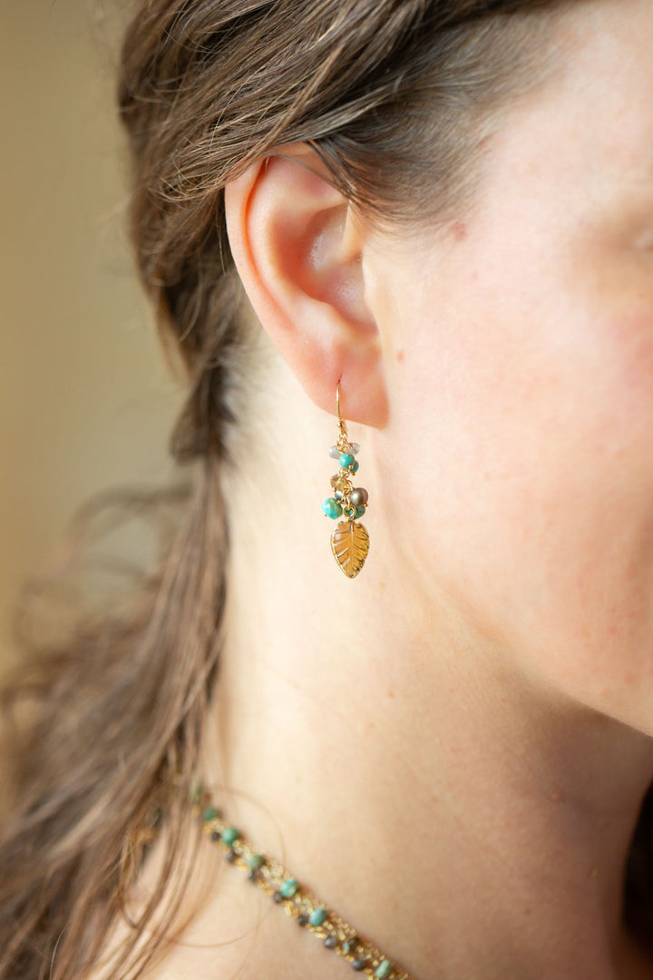 Desert Sunset Freshwater Pearl, Turquoise, Labradorite With Whiskey Quartz Dangle Earrings