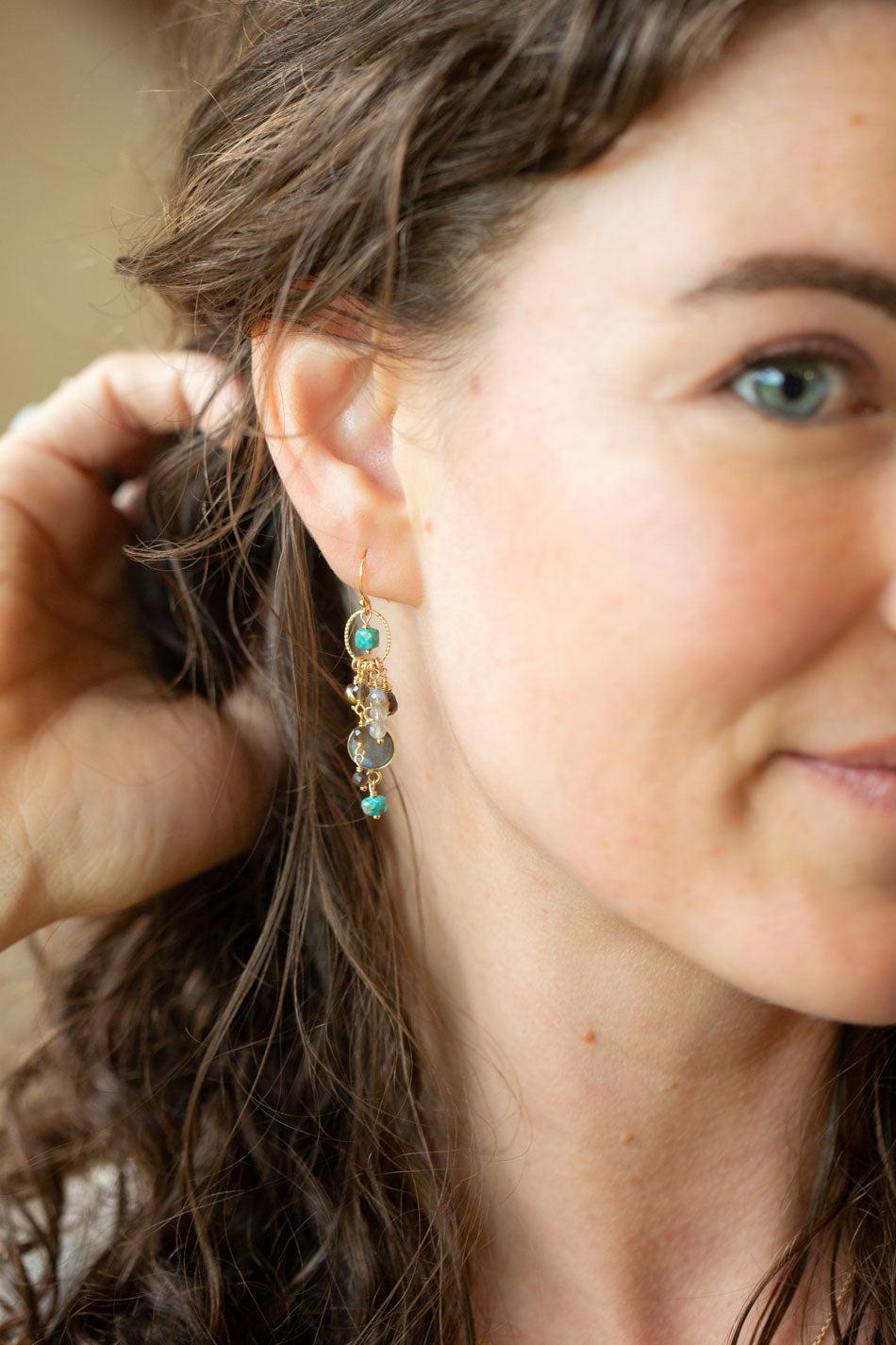 Desert Sunset Turquoise, Freshwater Pearl, Whiskey Quartz With Labradorite Dangle Earrings