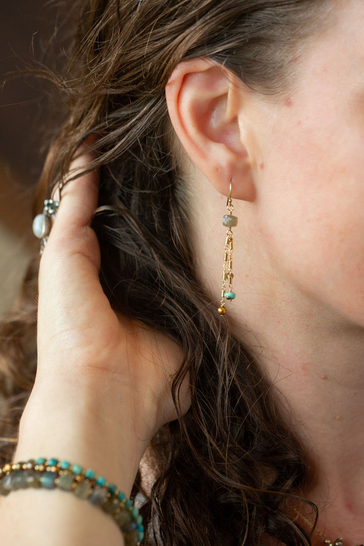 Desert Sunset Turquoise, Freshwater Pearl, Smokey Quartz With Labradorite Dangle Earrings