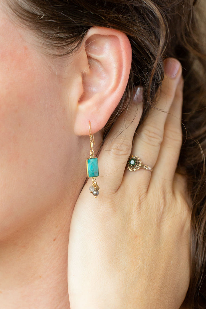 Desert Sunset Freshwater Pearl, Smokey Quartz, Labradorite With Turquoise Dangle Earrings