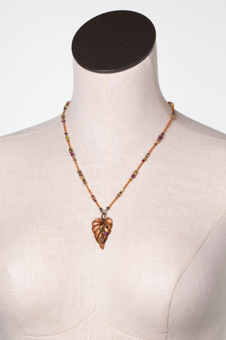 Dominion 19.5-21.5" Mookaite, Peridot, Unakite With Antique Copper Leaf Pendant Simple Necklace