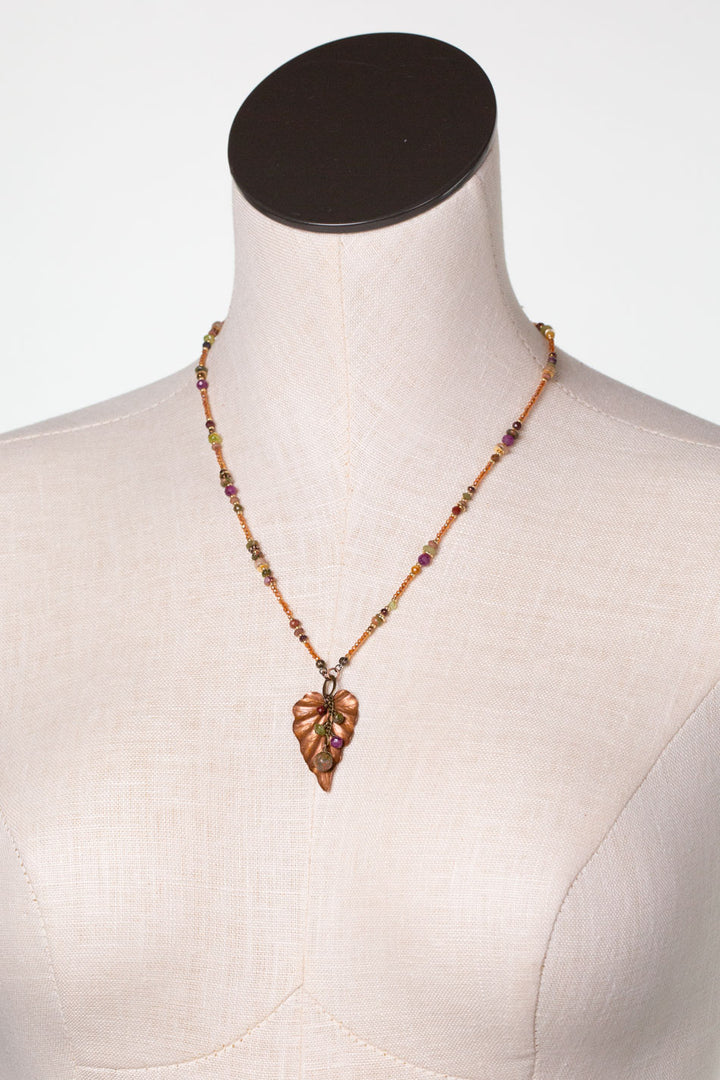 Dominion 19.5-21.5" Mookaite, Peridot, Unakite With Antique Copper Leaf Pendant Simple Necklace