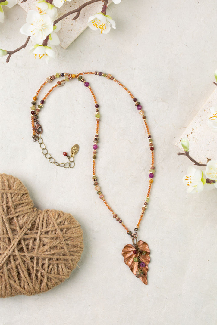 Dominion 19.5-21.5" Mookaite, Peridot, Unakite With Antique Copper Leaf Pendant Simple Necklace