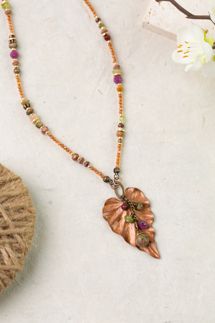 Dominion 19.5-21.5" Mookaite, Peridot, Unakite With Antique Copper Leaf Pendant Simple Necklace