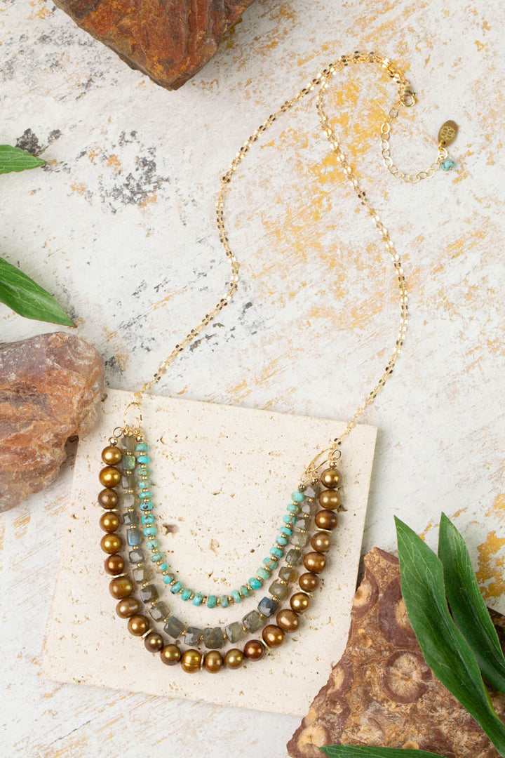 Desert Sunset 22-24" Turquoise, Freshwater Pearl, Labradorite Multistrand Necklace