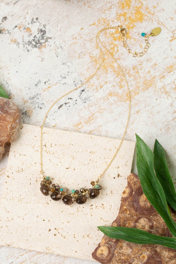 Desert Sunset 16-18" Smokey Quartz, Turquoise, Freshwater Pearl Cluster Necklace