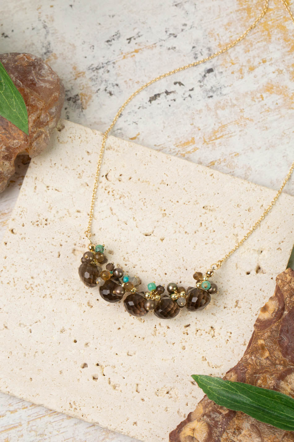 Desert Sunset 16-18" Smokey Quartz, Turquoise, Freshwater Pearl Cluster Necklace