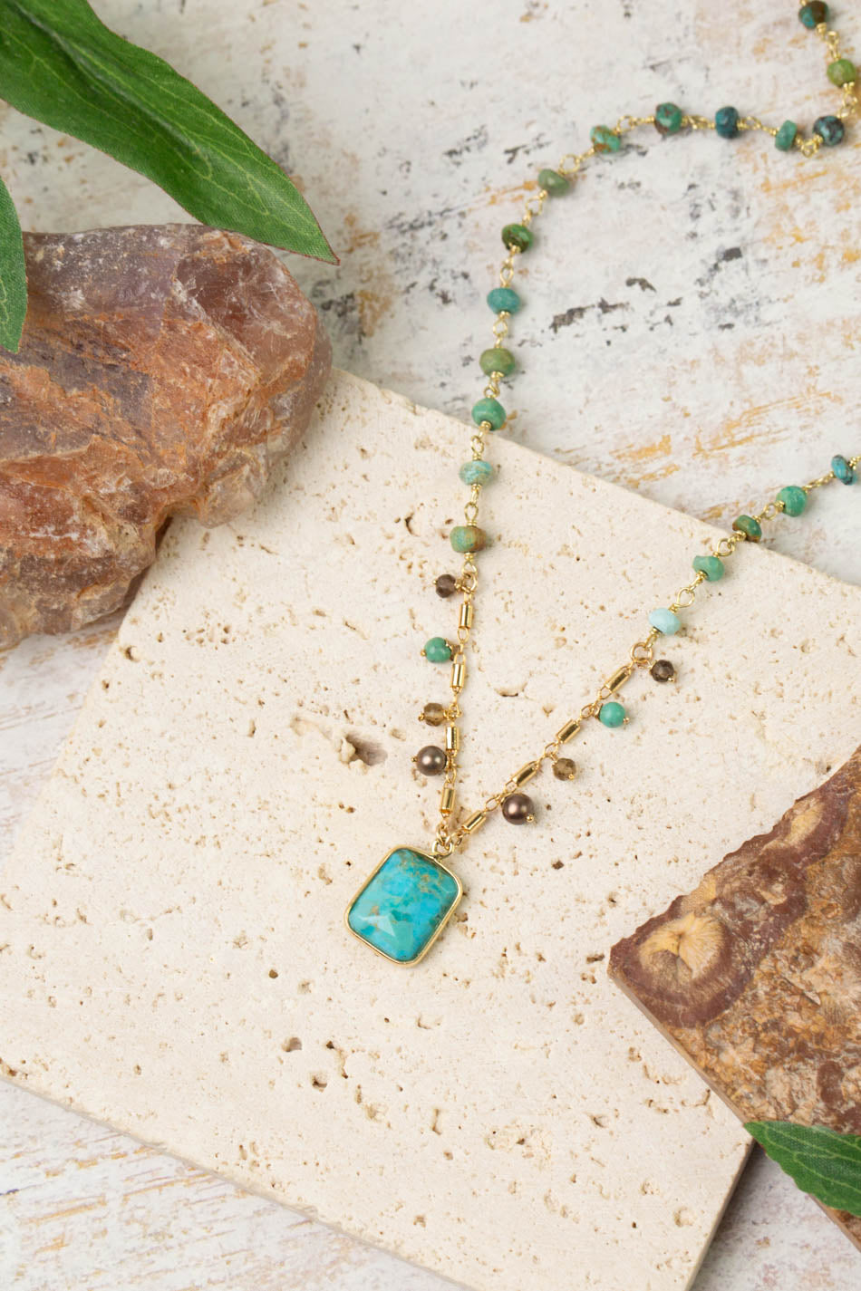 Desert Sunset 16.5-18.5" Freshwater Pearl, Smokey Quartz With Turquoise Simple Necklace