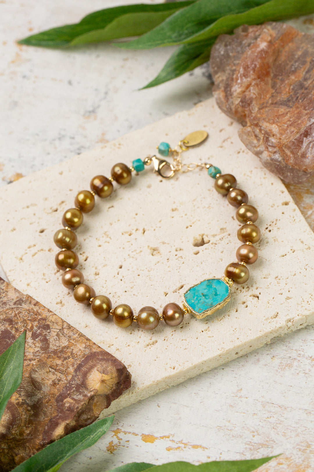 Desert Sunset 7.5-8.5" Freshwater Pearl With Turquoise Simple Bracelet