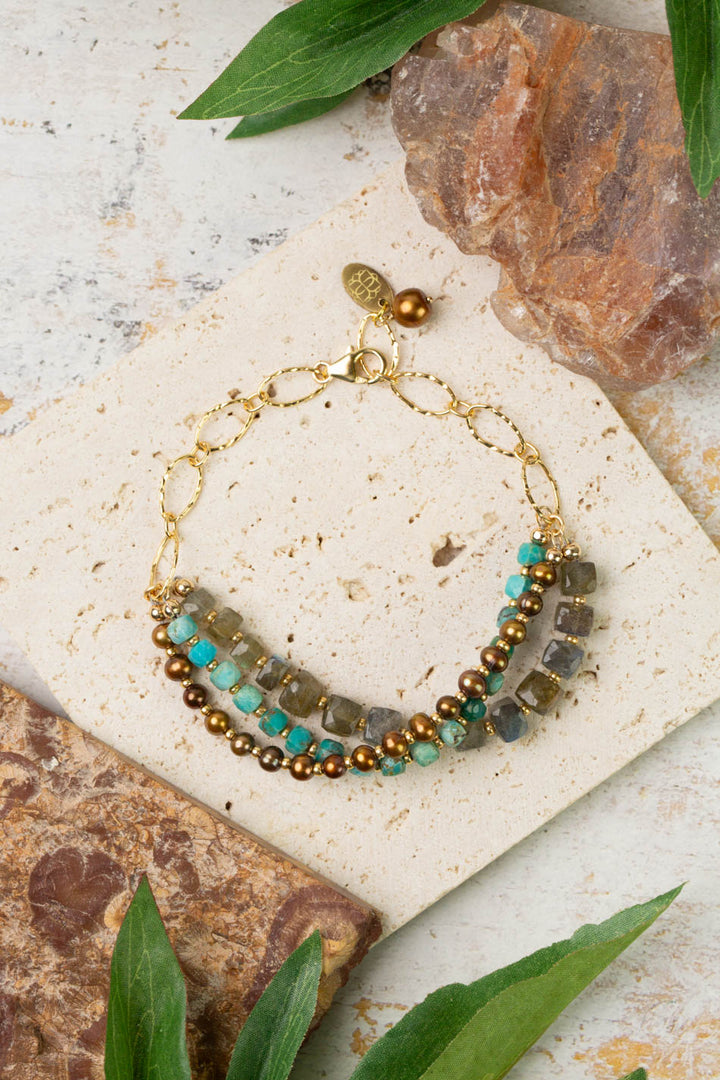 Desert Sunset 7.5-8.5" Labradorite, Turquoise, Freshwater Pearl Multistrand Bracelet