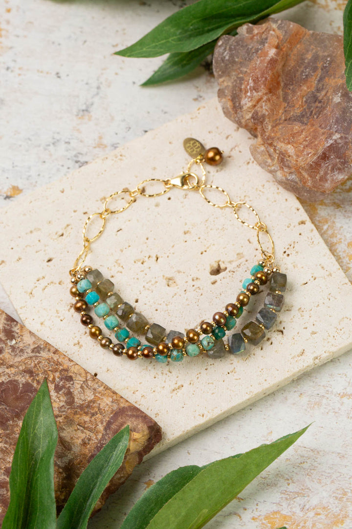 Desert Sunset 7.5-8.5" Labradorite, Turquoise, Freshwater Pearl Multistrand Bracelet