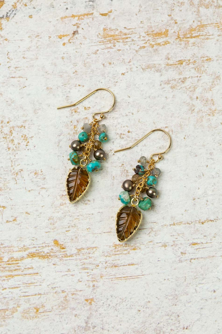Desert Sunset Freshwater Pearl, Turquoise, Labradorite With Whiskey Quartz Dangle Earrings